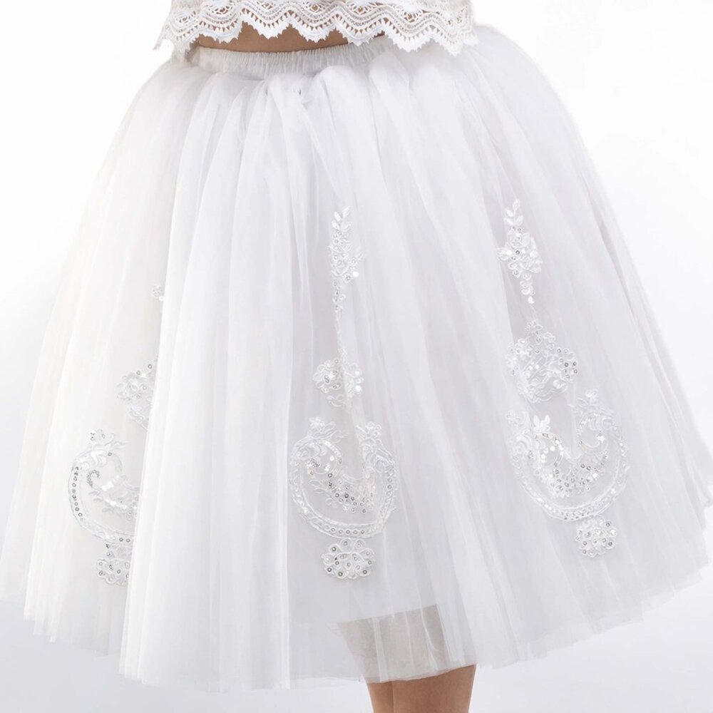 White Bridal Tulle Tutu Skirt Knee Length Lace Appliqués Pearls Beads OS - Picture 8 of 11
